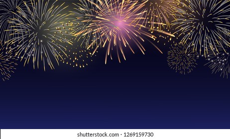 colorful firework set bursting in the blue sky at night in vector illustration. concept for background template for celebration in 2019 new year and Christmas festive seasonal