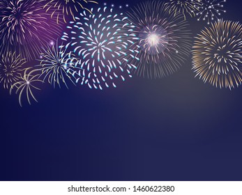 colorful firework set bursting in the blue sky at night in vector illustration. concept for background template for celebration in 2020 new year and Christmas festive seasonal