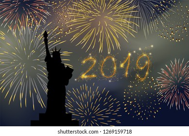 colorful firework set bursting in liberty statue background at night in vector illustration. concept for background template for celebration in 2019 new year and Christmas festive seasonal
