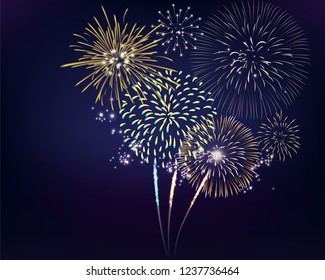 colorful firework set bursting on sky in vector illustration. concept for template for celebration in new year and Christmas festive. It also can use for fourth of July and carnival firework event.