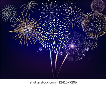 colorful firework set bursting on sky in vector illustration. concept for template for celebration in new year and Christmas festive. It also can use for fourth of July and carnival firework event