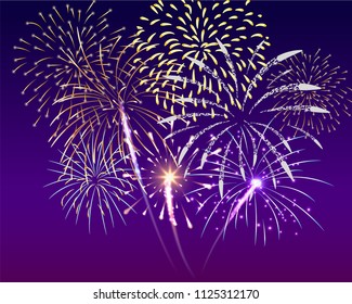 colorful firework set bursting in vector illustration on twilight background. concept for template for celebration in new year and Christmas festive 