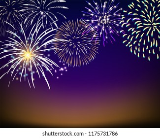 colorful firework set bursting in vector illustration on sky. concept for template for celebration in new year and Christmas festive. It also can use for fourth of July and carnival firework event.