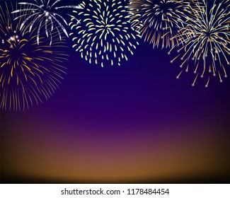 colorful firework set bursting in vector illustration on sky. concept for template for celebration in new year and Christmas festive. It also can use for fourth of July and carnival firework event.