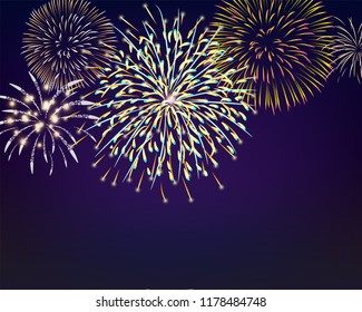 colorful firework set bursting in vector illustration on sky. concept for template for celebration in new year and Christmas festive. It also can use for fourth of July and carnival firework event.