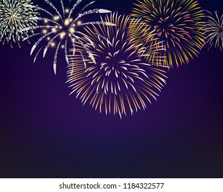 colorful firework set bursting in vector illustration on sky. concept for template for celebration in new year and Christmas festive. It also can use for fourth of July and carnival firework event.