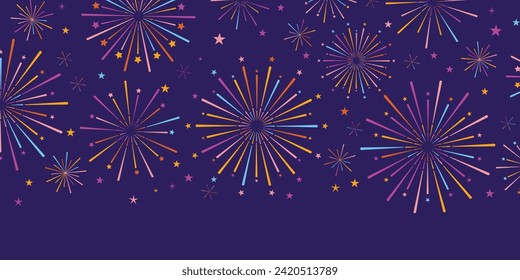 Colorful firework vector banner, festival or carnival celebration backgorund dark blue with vibrant explosions, party wallpaper