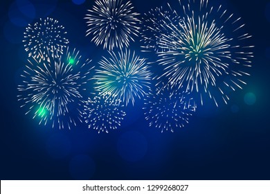 Colorful firework vector with bokeh and white pale smock on twilight background for celebration event, Christmas eve, new year, 4th of July
