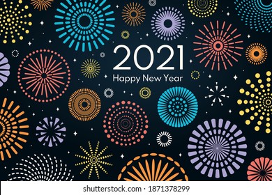 Colorful fireworks 2021 Happy New Year vector illustration, bright on dark blue background, with text. Flat style abstract geometric design. Concept for holiday greeting card, poster, banner, flyer.