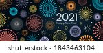 Colorful fireworks 2021 New Year vector illustration, bright on dark blue background, text Happy New Year. Flat style abstract, geometric design. Concept for holiday decor, card, poster, banner, flyer