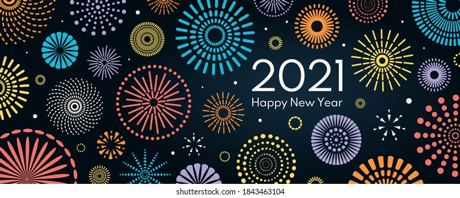 Colorful fireworks 2021 New Year vector illustration  bright dark blue background  text Happy New Year  Flat style abstract  geometric design  Concept for holiday decor  card  poster  banner  flyer