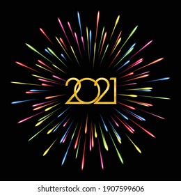 Colorful fireworks 2021 New Year vector illustration, bright on Black background. Illustrator