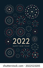 Colorful fireworks 2022 Chinese New Year vector illustration, bright fireworks on dark blue background, text frame concept for holiday decor, card, poster, banner, flyer