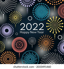 Colorful fireworks 2022 Happy New Year, bright on dark background, with text. Flat style vector illustration. Abstract geometric design. Concept for holiday greeting card, poster, banner, flyer.