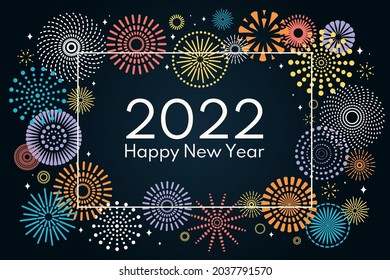 Colorful fireworks 2022 Happy New Year, bright on dark background, with text. Flat style vector illustration. Abstract geometric design. Concept for holiday greeting card, poster, banner, flyer.