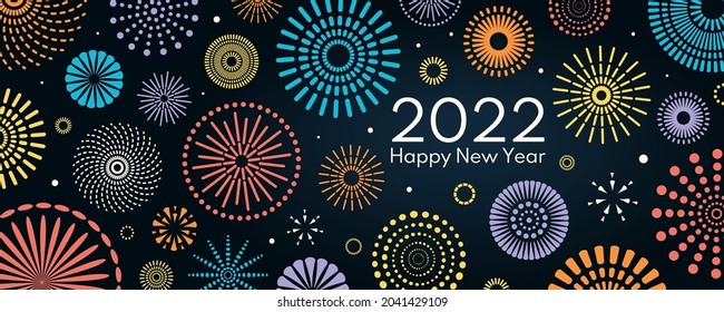 Colorful fireworks 2022 Happy New Year, bright on dark background, with text. Flat style vector illustration. Abstract geometric design. Concept for holiday greeting card, poster, banner, flyer.