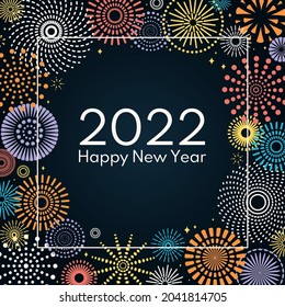 Colorful fireworks 2022 Happy New Year  bright dark background  and text  Flat style vector illustration  Abstract geometric design  Concept for holiday greeting card  poster  banner  flyer 