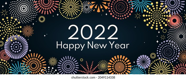 Colorful fireworks 2022 Happy New Year, bright on dark background, with text. Flat style vector illustration. Abstract geometric design. Concept for holiday greeting card, poster, banner, flyer.