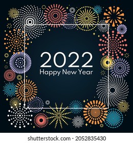 Colorful fireworks 2022 Happy New Year, bright on dark background, with text. Flat style vector illustration. Abstract geometric design. Concept for holiday greeting card, poster, banner, flyer.