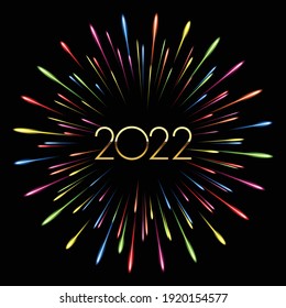 Colorful fireworks 2022 New Year vector illustration, bright on Black background. Illustrator
