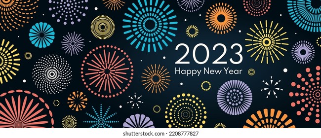 Colorful fireworks 2023 Happy New Year  bright dark background  and text  Flat style vector illustration  Abstract geometric design  Concept for holiday greeting card  poster  banner  flyer