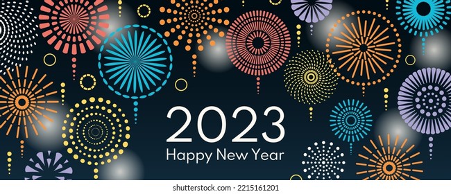 Colorful fireworks 2023 Happy New Year, bright on dark background, with text. Flat style vector illustration. Abstract geometric design. Concept for holiday greeting card, poster, banner, flyer