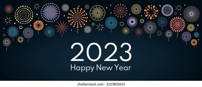 Colorful fireworks 2023 Happy New Year, bright border on dark background, with text. Flat style vector illustration. Abstract geometric design. Concept for holiday greeting card, poster, banner, flyer