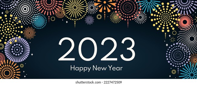 Colorful fireworks 2023 Happy New Year, bright frame on dark background, with text. Flat style vector illustration. Abstract geometric design. Concept for holiday greeting card, poster, banner, flyer