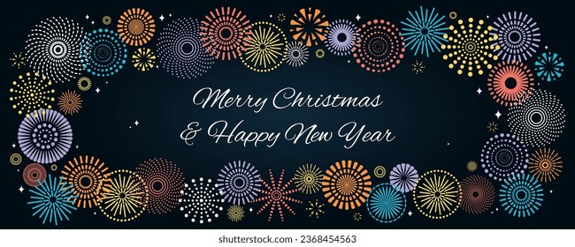 Colorful fireworks 2024 Happy New Year, bright frame on dark background, with text. Flat style vector illustration. Abstract geometric design. Concept for holiday greeting card, poster, banner, flyer