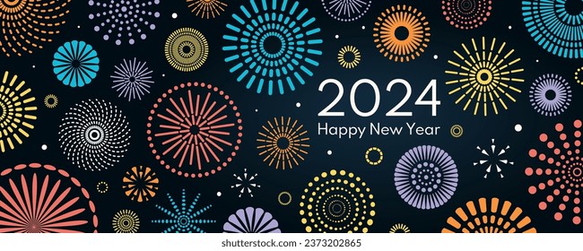 Colorful fireworks 2024 Happy New Year, bright on dark background, with text. Flat style vector illustration. Abstract geometric design. Concept for holiday greeting card, poster, banner, flyer