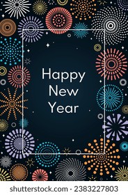 Colorful fireworks 2024 Happy New Year, bright frame on dark background, with text. Flat style vector illustration. Abstract geometric design. Concept for holiday greeting card, poster, banner, flyer