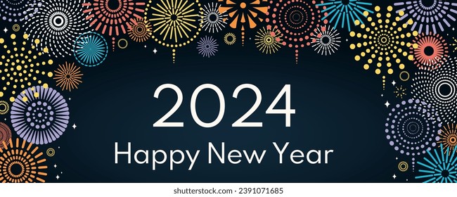 Colorful fireworks 2024 Happy New Year, bright frame on dark background, with text. Flat style vector illustration. Abstract geometric design. Concept for holiday greeting card, poster, banner, flyer