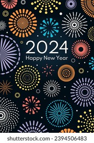 Colorful fireworks 2024 Happy New Year, bright on dark background, with text. Flat style vector illustration. Abstract geometric design. Concept for holiday greeting card, poster, banner, flyer