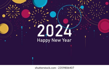 Colorful fireworks 2024 New Year background and text Happy New Year design in the night sky. Simple pattern design template. vector design.