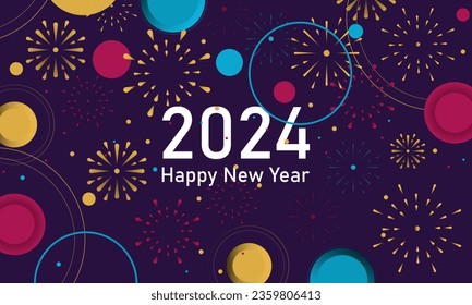 Colorful fireworks 2024 New Year background and text Happy New Year design in the night sky. Simple pattern design template. vector design.
