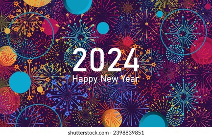 Colorful fireworks 2024 New Year background and text Happy New Year design in the night sky. Simple pattern design template. vector design.