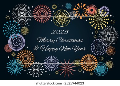 Colorful fireworks 2025 Happy New Year, bright frame on dark background, with text. Flat style vector illustration. Abstract geometric design. Concept for holiday greeting card, poster, banner, flyer