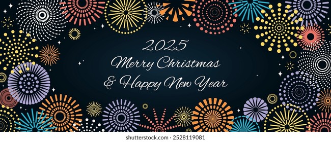 Colorful fireworks 2025 Happy New Year, bright frame on dark background, with text. Flat style vector illustration. Abstract geometric design. Concept for holiday greeting card, poster, banner, flyer