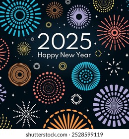 Colorful fireworks 2025 Happy New Year, bright on dark background, with text. Flat style vector illustration. Abstract geometric design. Concept for holiday greeting card, poster, banner, flyer