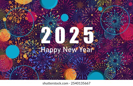 Colorful fireworks 2025 New Year background and text Happy New Year design in the night sky. Simple pattern design template. vector design.