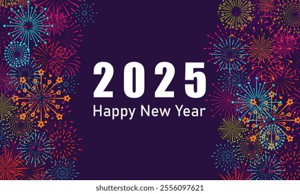 Colorful fireworks 2025 New Year background and text Happy New Year design in the night sky. Simple pattern design template. vector design.