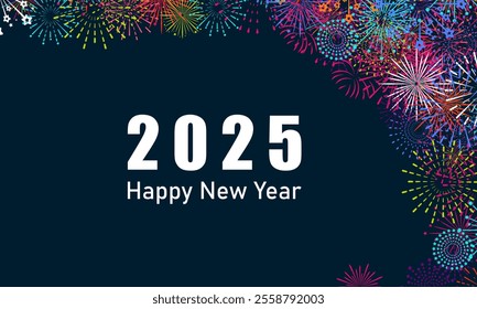 Colorful fireworks 2025 New Year background and text Happy New Year design in the night sky. Simple pattern design template. vector design.