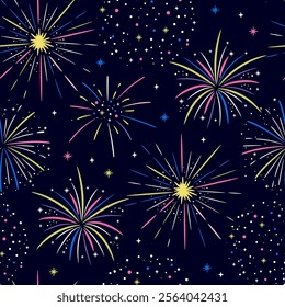 Colorful fireworks background. Celebration burst vector seamless pattern for wrapping, textile, wallpaper, paper. 