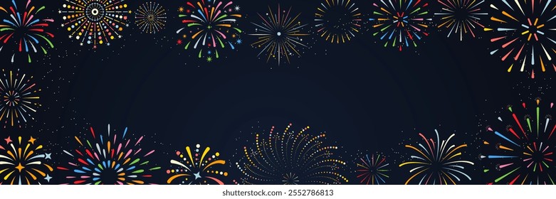 Fondo de fuegos artificiales de colores. Celebración de año Nuevo, fondo abstracto de vacaciones de fuegos artificiales de aniversario. Brillante, crepúsculo, explosión de fuegos artificiales y brillantes estrellas brillantes. La pirotecnia muestra Vector