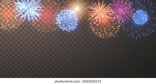 Colorful Fireworks Border Display with Bright Sparkles and Light Bursts on Dark Transparent Background, Perfect for Celebration, Party, Holiday, and Event Designs. Vector Illustration.