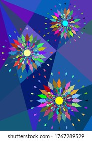 with colorful fireworks. bright color poster. abstract multicolored round ornaments on a blue polygonal background.