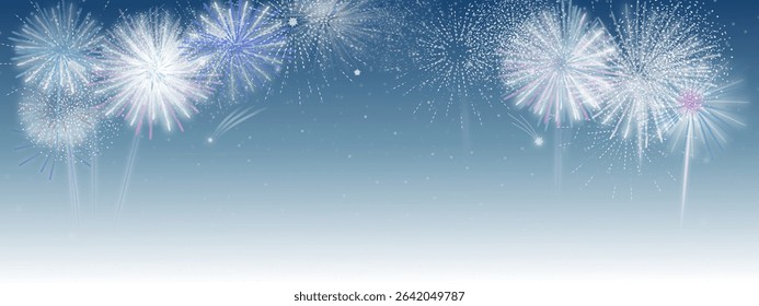 Colorful fireworks burst in the night sky over a soft blue gradient background. Perfect for celebration, New Year, Independence Day, festive events, or party invitations and designs.