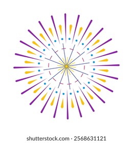 Colorful fireworks burst with radiant light rays. Abstract spark outbreak design inspired by sunburst patterns. Bright explosion isolated on white background