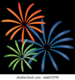 Colorful Fireworks bursting on black background, Vector illustration 