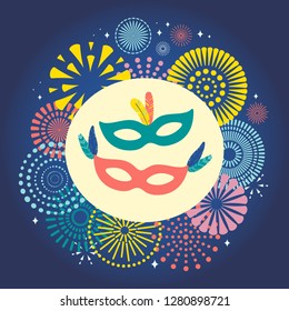 Colorful fireworks, carnival mask, feathers on dark background. Vector illustration. Flat style design. Concept for banner, poster, flyer, greeting card, decorative element